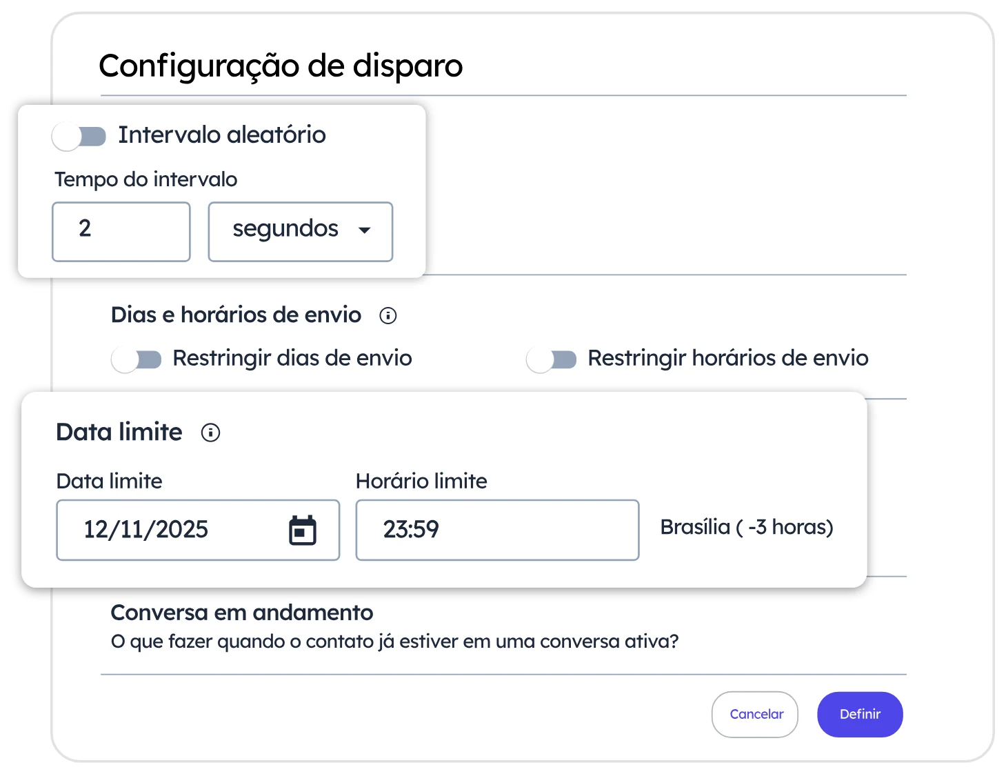 Configuração de disparo da campanha: intervalo entre envios, dias e horários permitidos e hora limite